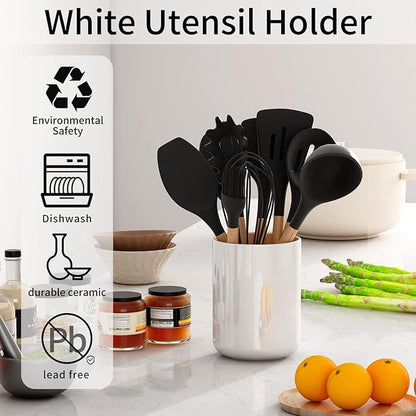 LATCHHOOK White utensil holder for Countertop, Glossy White Ceramic Utensil Holder for Kitchen Counter Easy to Clean, Modern Small Cooking Utensil Holder Spatula Crock for Décor, 4.5×6.4 IN - Image 3