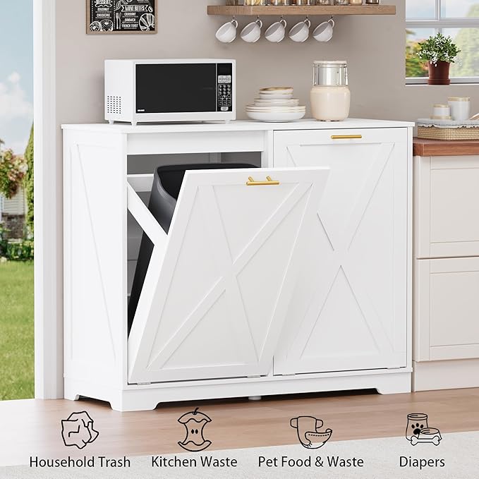 Double Tilt Out Trash Can Cabinet, Wooden Farmhouse Kitchen Garbage Bin Enclosure with Negative Ion Odor Control, Hidden Dog Proof Trash or Laundry Basket Storage for Laundry Room, White