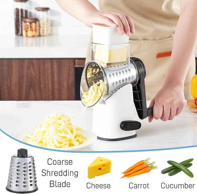 VEKAYA Rotary Cheese Grater Hand Crank with 4 Interchangeable Stainless Steel Blades, Large Manual Handle Shredder and Waffle Slicer for Vegetables, Cheese and Nuts with Table Suction Base(White)