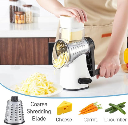 VEKAYA Rotary Cheese Grater Hand Crank with 4 Interchangeable Stainless Steel Blades, Large Manual Handle Shredder and Waffle Slicer for Vegetables, Cheese and Nuts with Table Suction Base(White)