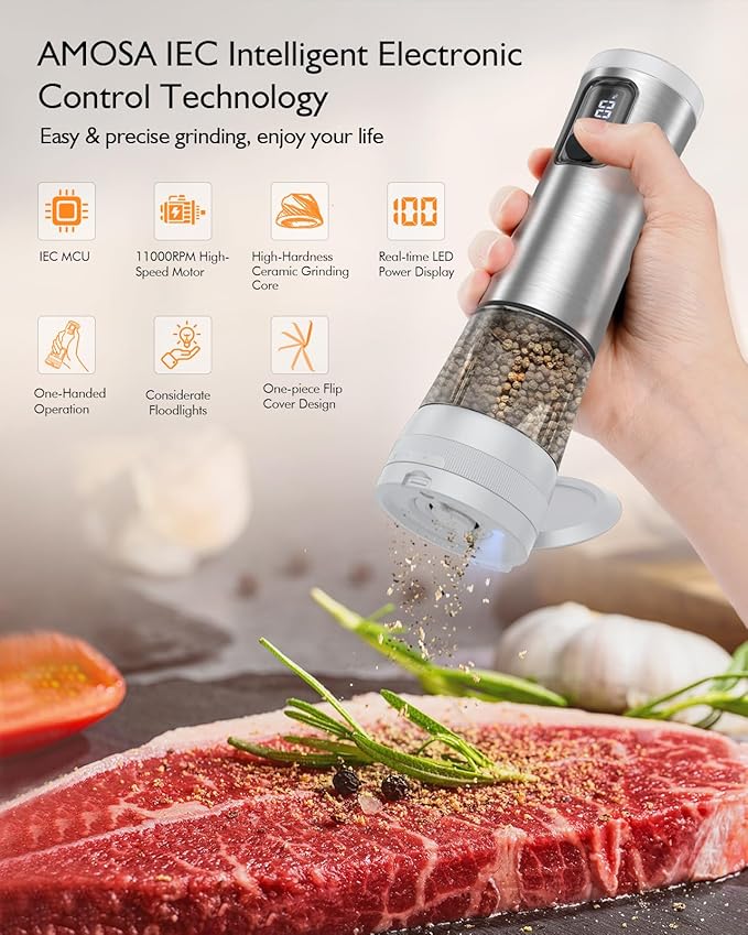 Electric Salt and Pepper Grinder Set, Upgraded 2-Speed Setting, External 5 Adjustable Coarseness, Battery Display Rechargeable Base, Stainless Steel Automatic Salt & Pepper Shaker Mill with LED, White - Image 2