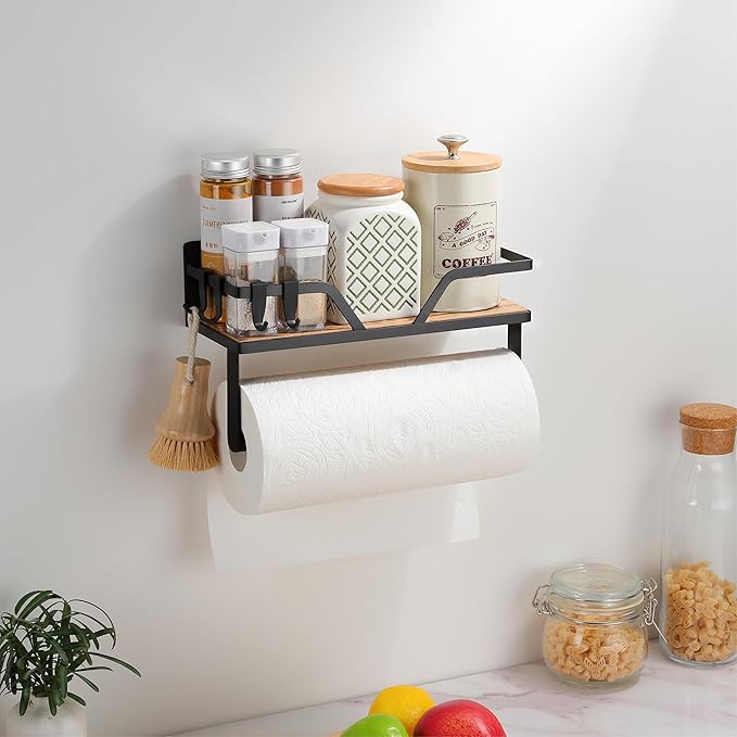 SUNTECH Magnetic Paper Towel Holder with Shelf, 2 Pack Kitchen Roll Holder with 4 Hooks, Farmhouse Spice Rack Organizer Strong Magnets for Fridge, Grill, Black - Image 5