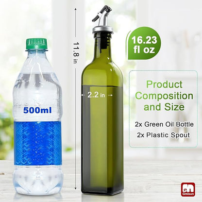 GMISUN Olive Oil Dispenser Bottle 2 Pack, Olive Oil Dispenser for Kitchen 17oz, Glass Cooking Soy Sauce Bottle Container Cruet with Plastic Pourer Spout, Green - Image 2