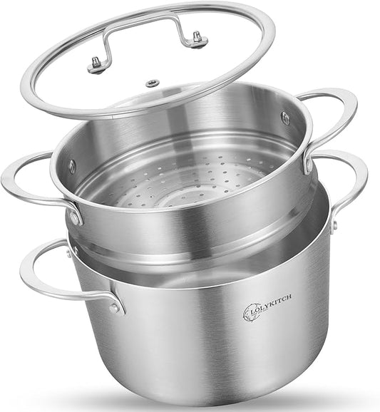LOLYKITCH 3 Quart Stainless Steel Steamer Pot with Glass Lid, 3-Ply Steaming Pot for Cooking, 2 Tier Induction Steamer Pot for Tamales Seafood Vegetables Dumplings Stock Pot, Thick