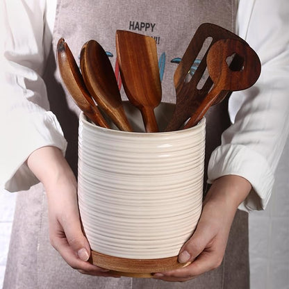 DOWAN 360° Rotating Extra Large Cooking Utensil Holder, 7.6" Kitchen Utensil Holder for Countertop, Utensil Crock for Farmhouse Kitchen Decor, Ceramic Stable Utensil Caddy, Soft White - Image 5