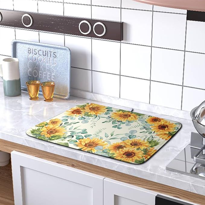 Sunflowers Dish Drying Mat for Kitchen Counter Yellow Flower Green Leaves Dish Draining Mats Spring Summer Floral Dishes Pad Microfiber Absorbent Dish Drainer Rack Mat 16x18 Inch - Image 5