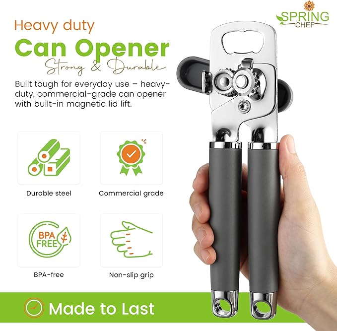 Spring Chef Stainless Steel Can Opener - Manual with Soft Grip Handles, Easy Turn, Heavy Duty Hand Can Openers for Seniors with Smooth Edge - Magnetic Lid Remover - Gray - Image 2