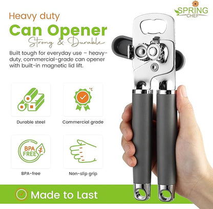 Spring Chef Stainless Steel Can Opener - Manual with Soft Grip Handles, Easy Turn, Heavy Duty Hand Can Openers for Seniors with Smooth Edge - Magnetic Lid Remover - Gray - Image 2