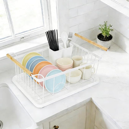Dish Racks for Kitchen Counter, Thickened Metal Dish Drying Rack with Wooden Handles, Kitchen Countertop Organizer for Dishes, Spoons and Forks, No Assembly, White, 18.7''*12.6''*5.51'' by FVELLIX