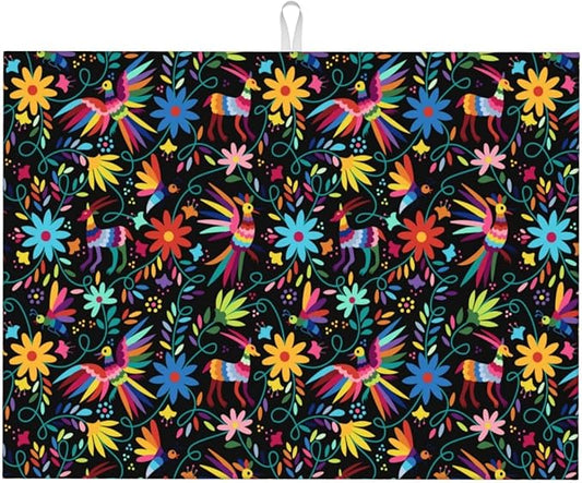 Mexican Colorful Bird and Floral Abstract Dish Drying Mats for Kitchen Counter, 18x24 inch Absorbent Decorative Microfiber Drying Pad, Anti-Slip & Absorption for Sink Small Appliances, Home Decor