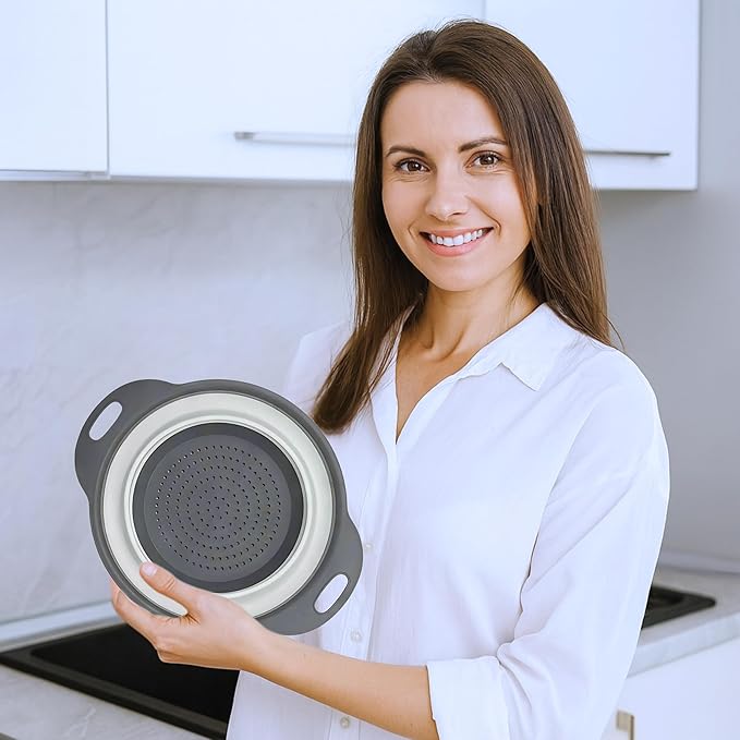White Round Silicone Collapsible Colander – Silicone Round Kitchen Strainers with Plastic Handles Small Foldable Kitchen Strainer Perfect for Draining Pasta Vegetable and Fruit - Image 6