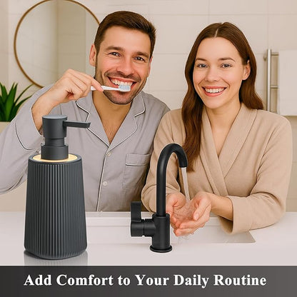 Black Hand Soap Dispenser Set with Bamboo Decor and No Rust Pump for Bathroom and Kitchen Countertops Refillable Striped Matte Plastic 8.5 oz