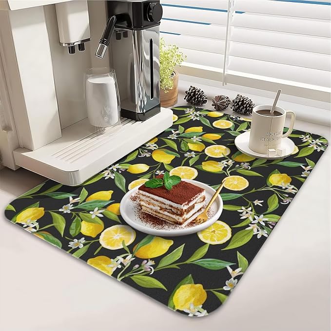 Dish Drying Mat for Kitchen Counter 2 Pack with Non-Slip Rubber Backing - Heat-Resistant Absorbent Coffee Bar Mat, Dish Rack Mat, Lemon Dish Drying Mats 18x24+19.5x12 inch