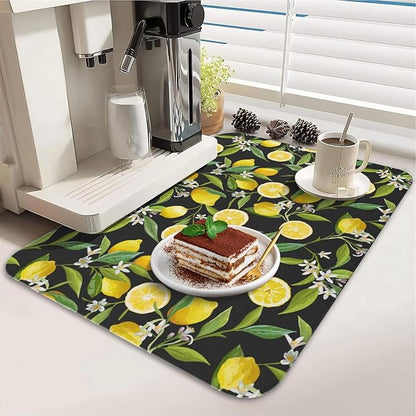 Dish Drying Mat for Kitchen Counter 2 Pack with Non-Slip Rubber Backing - Heat-Resistant Absorbent Coffee Bar Mat, Dish Rack Mat, Lemon Dish Drying Mats 18x24+19.5x12 inch
