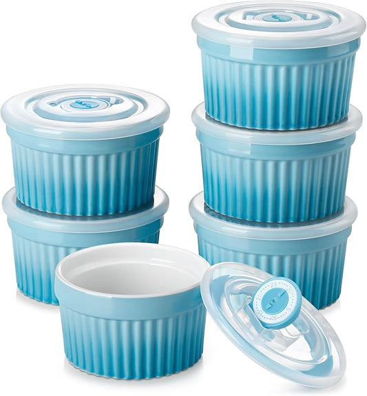 vancasso 8 oz Ramekins with Lid, Porcelain Creme Brulee Souffle Dishes, Blue Pudding Custard Cups Ramiken for Baking, Dishwasher and Oven Safe, Set of 6 by vancasso
