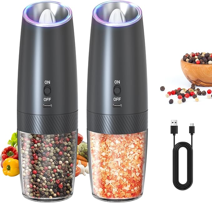 CIRCLE JOY Rechargeable Electric Salt and Pepper Grinder Set Gravity Salt and Pepper Mills Set with LED Light, No Battery Needed, Adjustable Coarseness, Washable 135ml Container, Black by CIRCLEJOY
