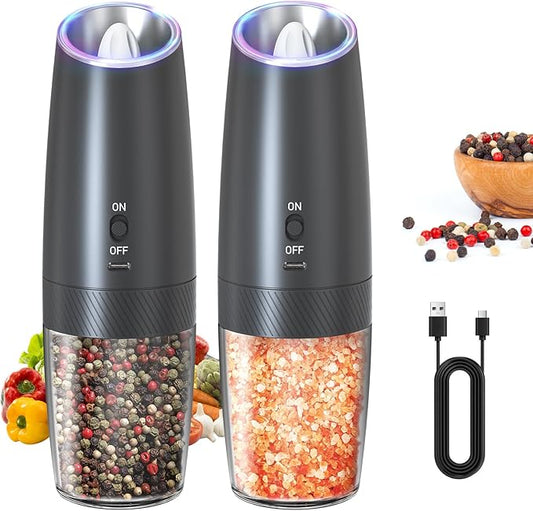 CIRCLE JOY Rechargeable Electric Salt and Pepper Grinder Set Gravity Salt and Pepper Mills Set with LED Light, No Battery Needed, Adjustable Coarseness, Washable 135ml Container, Black by CIRCLEJOY