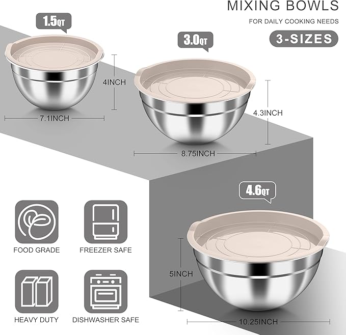 HaWare Mixing Bowls with Airtight Lids, 6-Piece Stainless Steel Salad Bowls, Strong Nesting Bowls for Cooking, Prepping, Baking, Serving & Food Storage, Stackable Design, Size 4.6, 3, 1.5QT, Khaki - Image 2