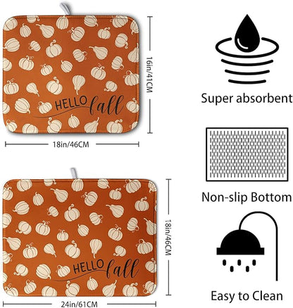 Hello Fall Drying Mat for Kitchen Counter Autumn Orange Pumpkin Dry Dish Mat Thanksgiving Absorbent Microfiber Dish Draining Washable Dish Drainer Rack Mat Large 18x24 Inch - Image 2