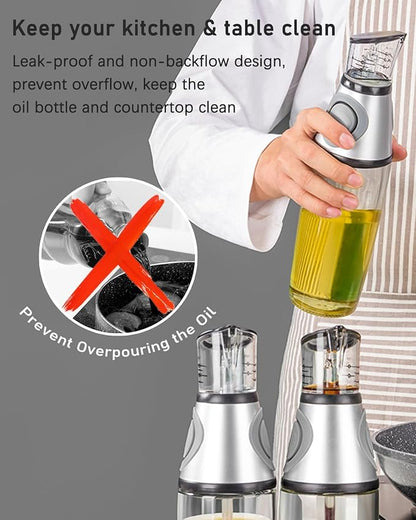 Oil Dispenser Bottle, 17oz Olive Oil Dispenser Oil Sprayer, Clear Glass Refillable Oil and Vinegar Dispenser Bottle with Measuring Scale Pump for Kitchen, Cooking, Salads, Baking Frying