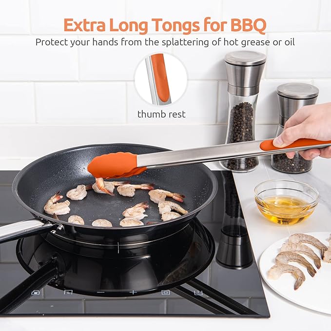 600ºF Heat Resistant Kitchen Tongs: U-Taste 16 inch Extra Long Large Silicone Cooking Tong with Sturdy Non Stick Rubber Tips & Non Slip Silicon Coated 18/8 Stainless Steel Handle for Grill BBQ(Orange) - Image 9