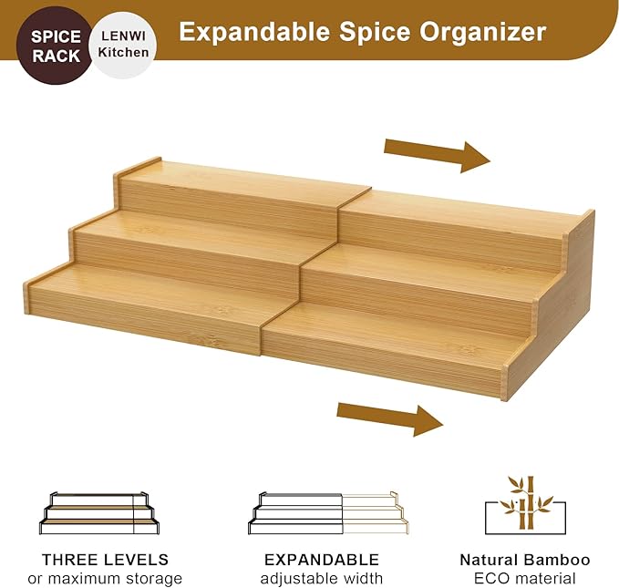 Lenwi Spice Rack Organizer for Cabinet, 3 Tier Expandable Bamboo Spice Storage for Kitchen Cupboard Pantry - Image 2
