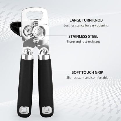 Safring Can Opener Manual, Heavy Duty Stainless Steel Smooth Edge Can Openers With Soft Touch Handle, Oversized Handheld Easy Turn Knob, Multi-Function Bottle Opener, Black