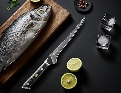Damascus Fillet knife 7 Inch - Ultra-Sharp Fillet Knife for Fish and Meat, Professional Japanese Boning Knife with VG10 Steel Core, Full Tang G10 Handle, Elegant Box