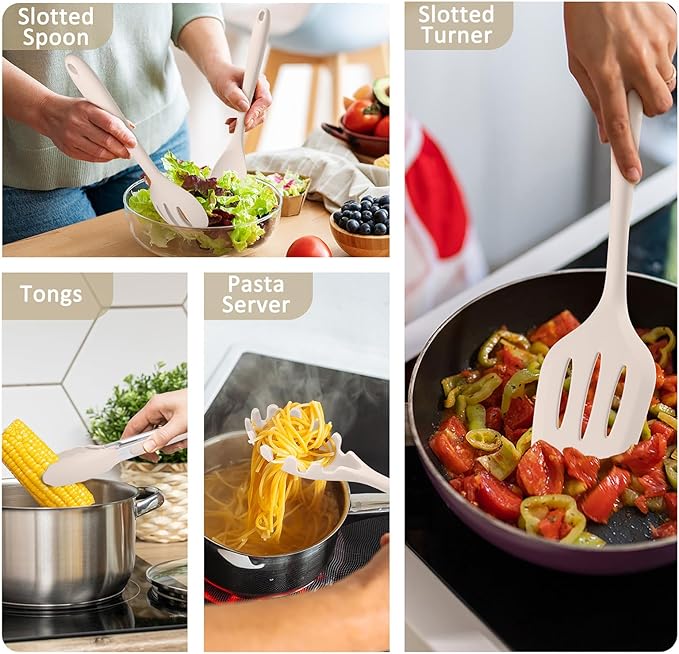 10 Pack Kitchen Utensils Set for Cooking, Leonyo Silicone Cooking Utensils Set, 446°F Heat Resistant Silicone Kitchen Tool with Turner Spatula, Soup Ladle, Serving Spoon for Nonstick Cookware - Khaki