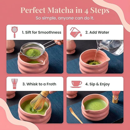 BARISTA EMPEROR® MATCHA WHISK SET PREMIUM 11pcs - Professional Matcha Kit Set with Matcha Bowl, Matcha Whisk, Milk Frother, Spoon, Sifter, Scoop, Stand, Cup, Mat - Aesthetic Pink Matcha Set Kit
