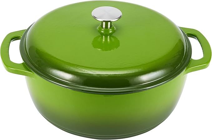 Amazon Basics Enameled Cast Iron Dutch Oven Pot with Lid, Oven Safe, Heavy-Duty, Dual Handles for Baking, Roasting, Stews, Easy to Clean, 7.3-Quart, Green by AmazonBasics