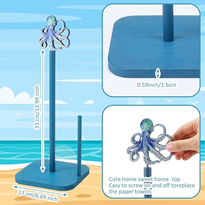 Leinuosen Octopus Paper Towel Holder Beach Octopus Wooden Paper Towel Holder Coastal Nautical Bathroom Countertop Accessories Blue Kitchen Roll Stand Organizer Apartment Ocean Decor Housewarming Gift