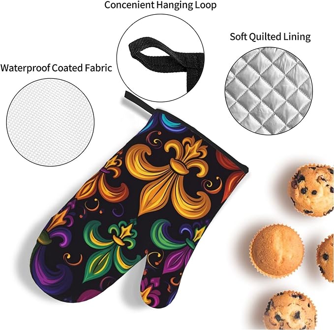 Colorful Fleur De Lis Oven Mitts and Pot Holders Sets Mardi Gras Kitchen Oven Gloves Heat Resistant 500 Degrees Oven Mitt and Hot Pad for Cooking BBQ Baking Grilling - Image 4