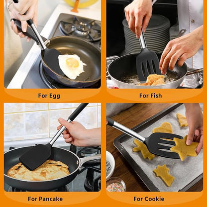 E-far Silicone Spatula Set of 2, Solid & Slotted Turner for Nonstick Cookware, Heat Resistant Rubber Kitchen Cooking Utensils for Flipping Fish Pancake Egg - Black - Image 6
