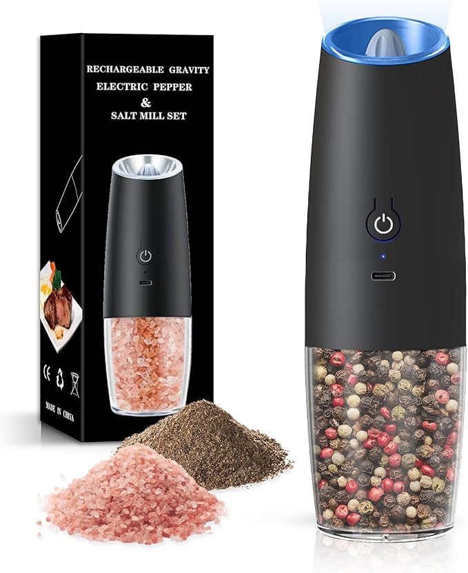 Rechargeable Salt And Pepper Grinder with LED Light, Automatic Electric Gravity Salt And Pepper Shakers, No Battery Needed, Adjustable Roughness, 1 Pack (Black) by Unknown