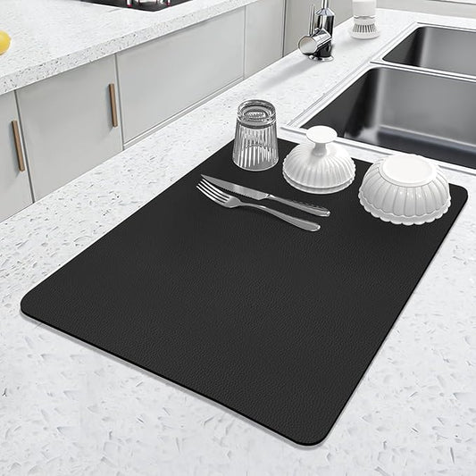 LOPNUR Kitchen Dish Drying Mat, 18"x16" Small Dish Drying Mats for Kitchen Counter, Super Absorbent Dish Drying Pad, Diatomite Coffee Mat Heat Resistant Mat with Anti-slip Rubber Backed, Black by LOPNUR