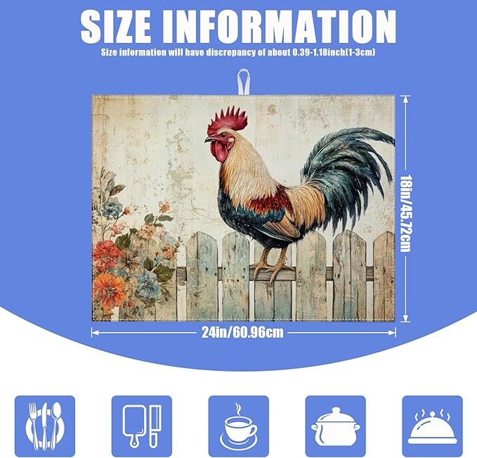 Vintage Rooster Dish Drying Mat for Kitchen Counter Farmhouse Drying Pad Absorbent Reversible Dish Drainer Rack Mats Draining Pad 18"x24"Inch - Image 2