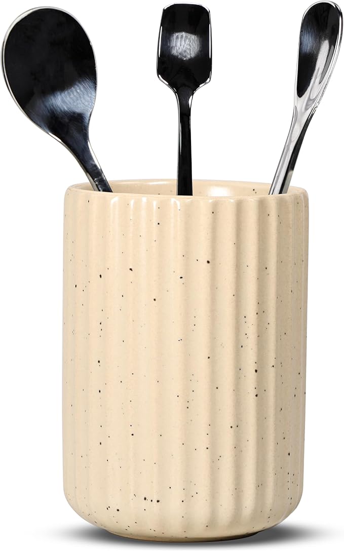 Ceramic Spoon Holder for Coffee Bar, Upright Tea Spoon Holder Cup, Coffee Stirrers Straws Stir Stick Holder, Spotted Beige Fluted Surface by U-TIMES