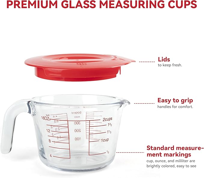 6 Pcs Glass Measuring Cups Set with Lids (Strainer Included) - 1-Cup/2-Cup/4-Cup Nesting Jugs with Easy-Grip Handles, Kitchen Liquid Measuring - Image 4