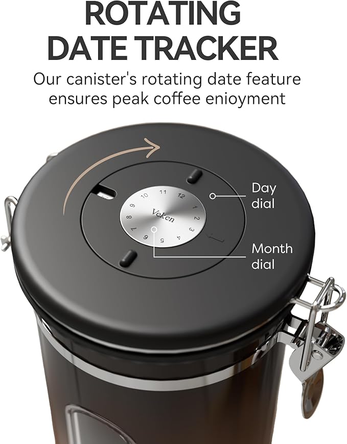 Veken Coffee Canister with Window,Airtight Stainless Steel Kitchen Food Storage Container, Date Tracker & Scoop for Grounds Coffee, Beans, Tea,Flour,Cereal,Sugar,22OZ,Copper (Pack of 2) - Image 4