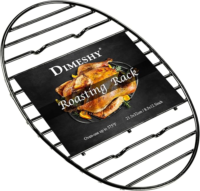 DIMESHY Roasting Rack, Black with Integrated Feet, Enamel Finished, Nonstick, fit for 15 inches oval roasting pan, safety, dishwasher, Great for Basting, Cooking, Drying, Cooling rack. (12.5”x 8.5”)