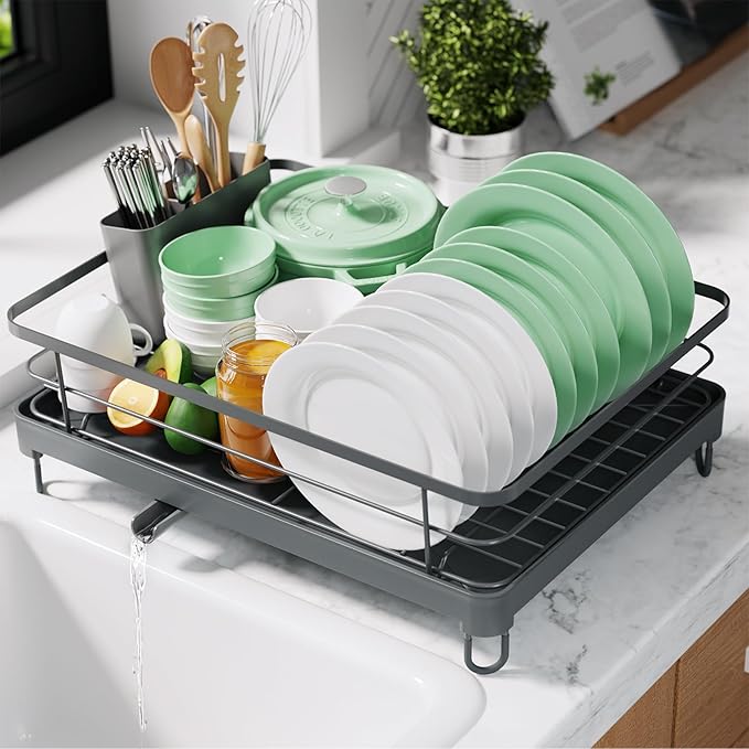 Kitsure Dish Drying Rack for Kitchen Counter, Stainless Steel Sink Organization and Storage Essentials with Cutlery Holder, Home and Appartment Decor, 12.7''W x 16.7''L, Grey by Kitsure