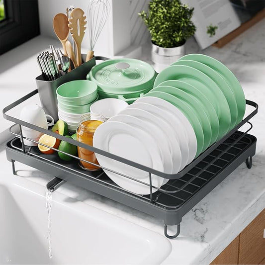 Kitsure Dish Drying Rack for Kitchen Counter, Stainless Steel Sink Organization and Storage Essentials with Cutlery Holder, Home and Appartment Decor, 12.7''W x 16.7''L, Grey by Kitsure