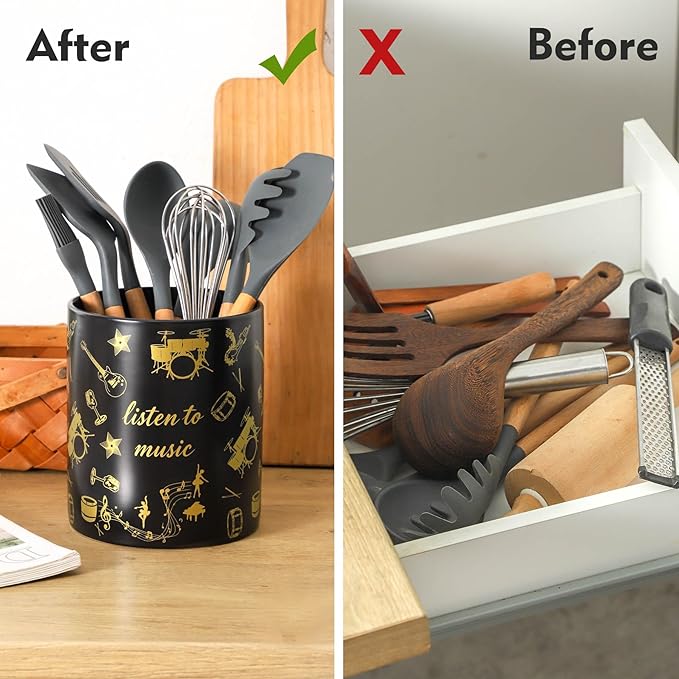 7" Music Utensil Holder, Large Kitchen Utensil Holder Organizer , Black Stable Utensil Crock Spatula Holder for Kitchen Counter Countertop Farmhouse Cooking Tools Holder（Black - Image 3