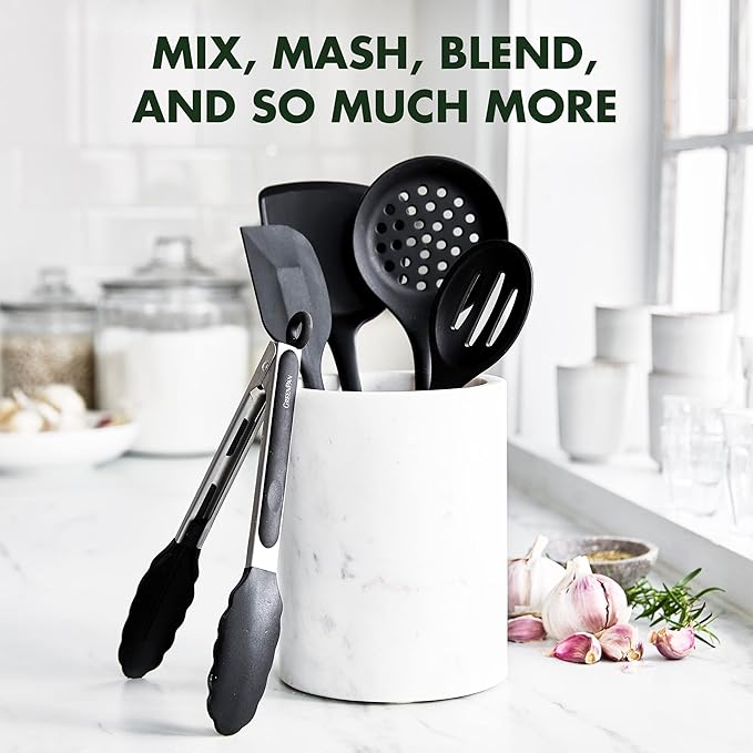GreenPan 5 Piece Cooking Utensil Set, Flexible Nonstick Silicone, Stain-Free, Tongs, Turner, Spatula, Skimmer, and Slotted Spoon, Black - Image 9
