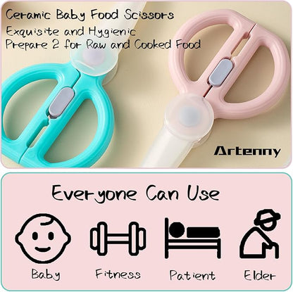 Ceramic Baby Food Scissors Kids with Travel Case, Toddler Scissors with Safety Lock, Ideal for Pizza, Meats, Noodles, Vegetables, and Fruits (C/D)