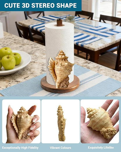 Conch Paper Towel Holder, Coastal Beach House Decor for Kitchen Bathroom Countertop, Freestanding Wooden Stand, Standard & Jumbo Rolls, Gift for Women