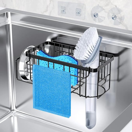 StorageRight 4-in-1 Sponge Holder for Kitchen Sink, Sink Caddy Organizers and Storage with Adhesive Hook & Suction Cups, Rustproof Kitchen Sink Organizer for Home Decor - Black by StorageRight