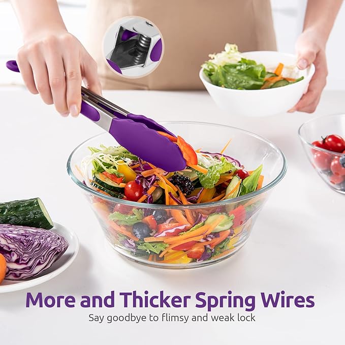 600ºF Heat Resistant Kitchen Tongs: U-Taste 9 inch Silicone Cooking Tong with Firm Sealed Non Stick Rubber Tips & Silicon Coated 18/8 Stainless Steel Handle & Smooth Locking for Serving Grill (Purple) - Image 8