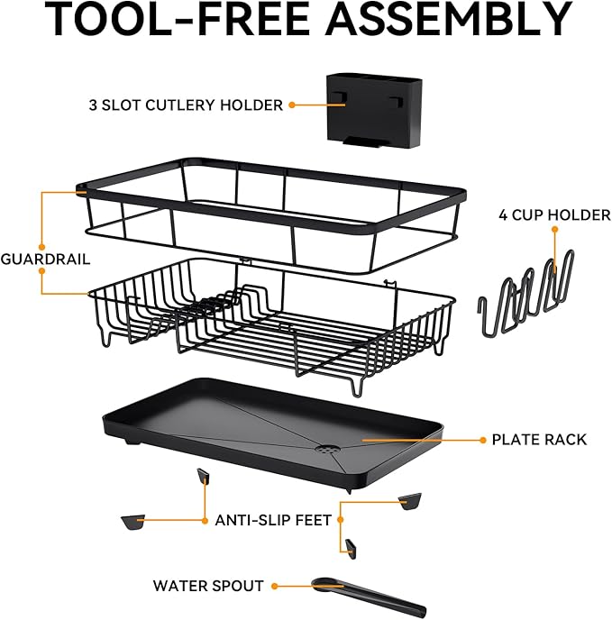 TOOLF Dish Drying Rack, Dish Racks for Kitchen Counter, Stainless Steel Sink Organization and Storage Essentials with Cutlery Holder, Dish Drainer, Home and Appartment Decor, 12.4''W x 16.5''L, Black